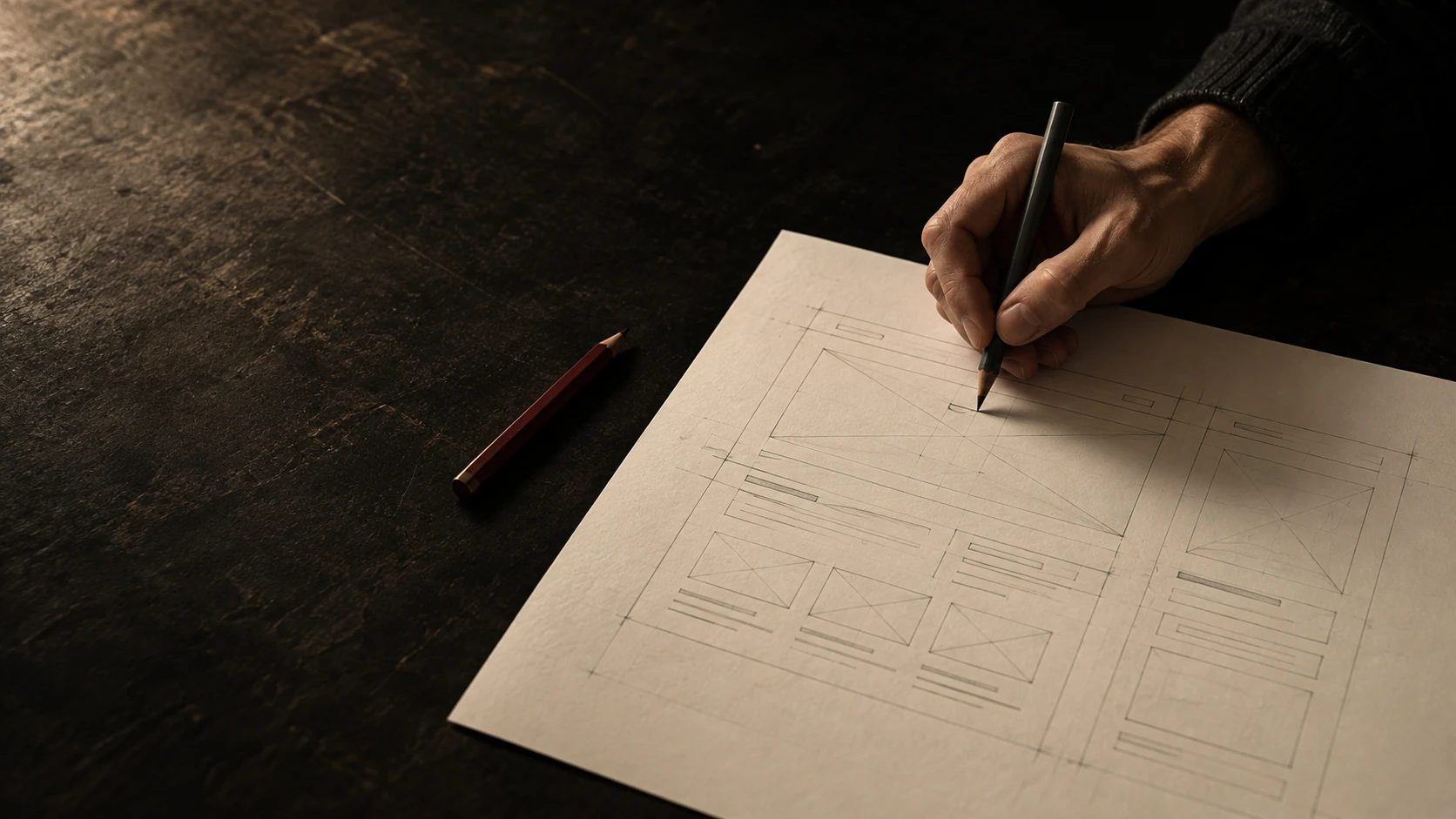 A visual study of a designer drawing a website layout by hand